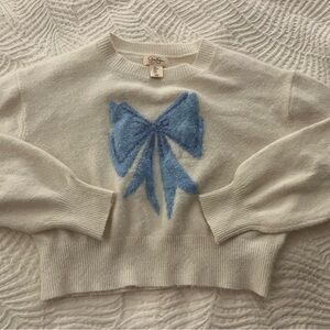 Women's Cream Sweater with Blue Bow Design